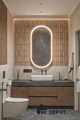 Modern bathroom with grey marble tiles, wood laminate vanity, and textured beige geometric wall tile