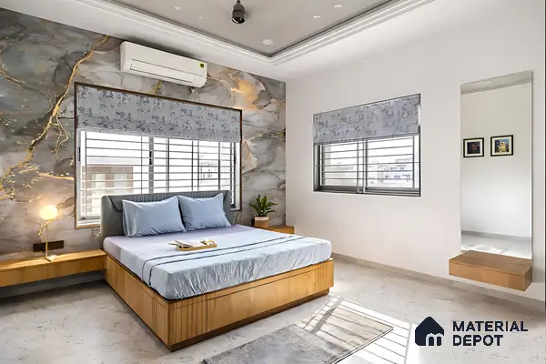 Modern bedroom with marble accent wall, light wood bed, and floating nightstands