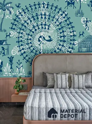 Eclectic bedroom with Indian Warli art wallpaper and suede upholstered bed
