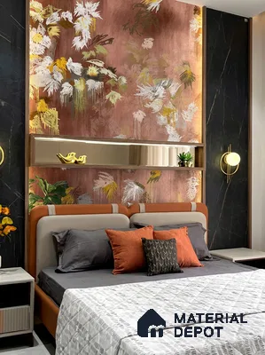 Modern bedroom with floral patterned wallpaper, black marble laminate wall panels, and upholstered bed