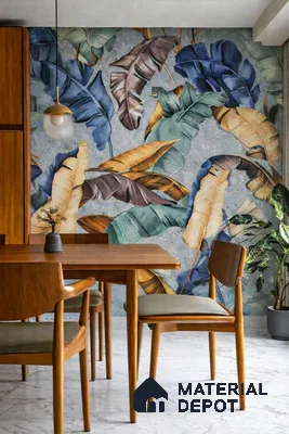 Mid-century modern dining room with tropical wallpaper and walnut wood furniture on white marble flooring