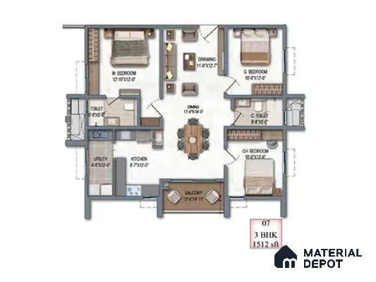 Modern 3BHK apartment floor plan with open dining and living layout
