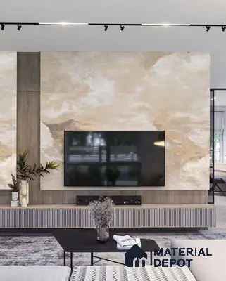 Modern TV unit with beige marble-look laminate panel and fluted wooden cabinet