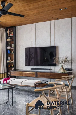 Modern living room with grey marble floor, wooden ceiling, and walnut laminate TV unit