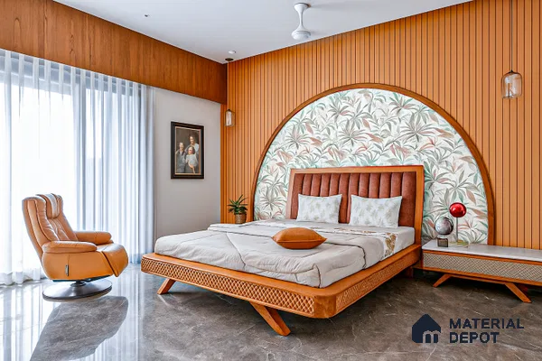 Mid-century modern bedroom with fluted wood panels, tropical wallpaper, and marble floor tile of 3 BHK apartment in Sattva Celesta Salapuria in Bengaluru