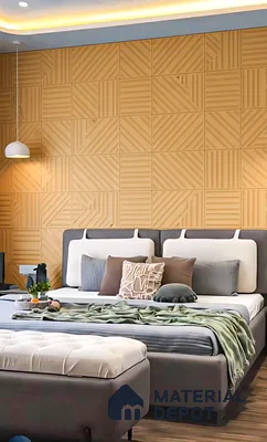 Modern bedroom with geometric wood panel accent wall and upholstered bed of 3 BHK apartment in Sattva Celesta Salapuria in Bengaluru