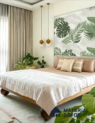 Scandinavian bedroom with tropical wallpaper, natural wood bed, and neutral palette of 3 BHK apartment in Sattva Celesta Salapuria in Bengaluru