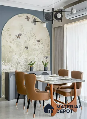 Modern dining room with chinoiserie wallpaper, marble dining table, and tan leather chairs of 3 BHK apartment in Sattva Celesta Salapuria in Bengaluru