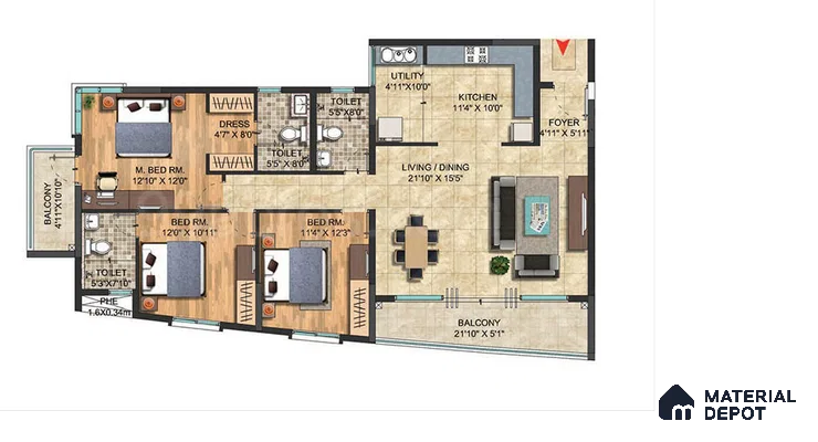 Modern open plan living and dining with beige floor tiles and balcony access of 3 BHK apartment in Sattva Celesta Salapuria in Bengaluru