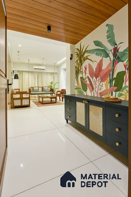 Modern foyer with tropical wallpaper, cane cabinet, and wood ceiling panels of 3 BHK apartment in Sattva Celesta Salapuria in Bengaluru