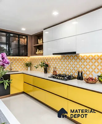 Modern kitchen with yellow high gloss laminate, white laminate, and geometric yellow patterned backsplash tiles of 3 BHK apartment in Sattva Celesta Salapuria in Bengaluru