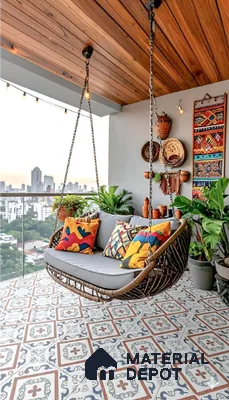 Bohemian balcony with patterned moroccan floor tiles and wooden ceiling panels in Sattva East Crest old madras road 2 BHK apartment Bengaluru
