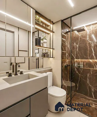 Modern bathroom with brown marble wall tiles, beige quartz countertop, and mirrored cabinets in Sattva East Crest old madras road 2 BHK apartment Bengaluru