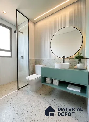 Modern bathroom with terrazzo floor tile, fluted wall tile, and pastel green floating vanity in Sattva East Crest old madras road 2 BHK apartment Bengaluru