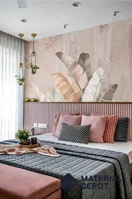 Scandinavian bedroom with pastel tropical wallpaper and blush pink fluted wall panels in Sattva East Crest old madras road 2 BHK apartment Bengaluru