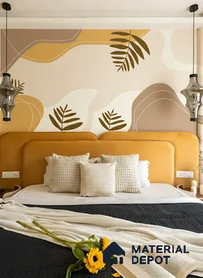 Modern bedroom with abstract botanical wallpaper and mustard suede upholstered headboard in Sattva East Crest old madras road 2 BHK apartment Bengaluru