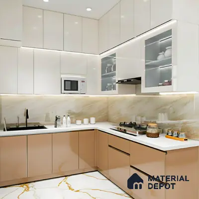 Modern L-shaped kitchen with frosty white and beige high gloss laminate, marble-look backsplash, and marble floor tile in Sattva East Crest old madras road 2 BHK apartment Bengaluru