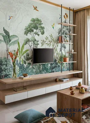 Modern living room with tropical wallpaper, light oak laminate TV unit, and glossy white floor tiles in Sattva East Crest old madras road 2 BHK apartment Bengaluru