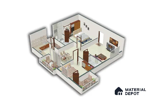 Modern 3BHK apartment layout with wood laminate, white floor tiles, and balcony seating