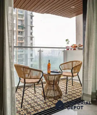 Modern balcony with geometric patterned floor tiles and wooden ceiling louvers