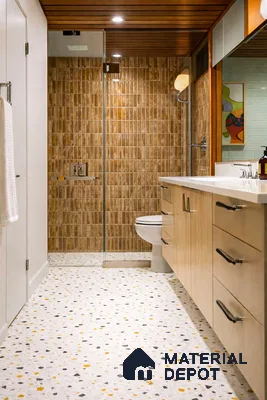 Modern bathroom with brown kitkat wall tiles, terrazzo floor tiles, and light wood vanity