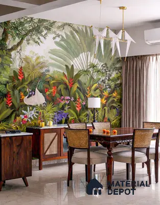 Eclectic dining room with tropical wallpaper, cane chairs, and polished marble floor