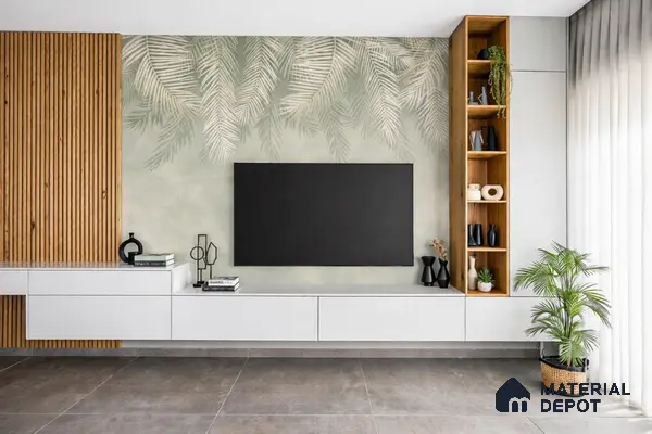 Modern TV unit with white laminate cabinets, oak wood louvers, and tropical wallpaper accent
