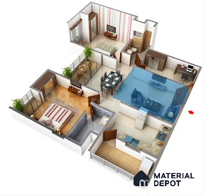 Modern Floor Plan with blue accent wall, white floor tile, and contemporary furniture