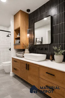 Modern bathroom with black vertical subway wall tiles, oak wood vanity, and white quartz countertop