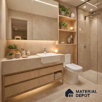 Modern bathroom with beige stone tiles and light wood vanity