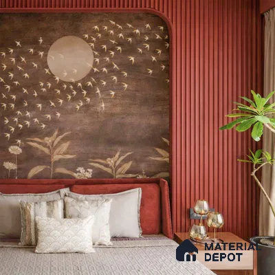 Japandi bedroom with terracotta fluted wall panels and chinoiserie wallpaper accent