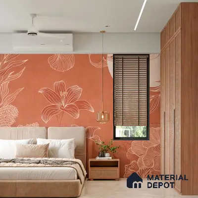 Scandinavian bedroom with terracotta floral wallpaper, beige upholstered bed, and natural wood wardrobe