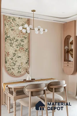 Scandinavian dining room with floral wallpaper, beige wood laminate, and neutral upholstery
