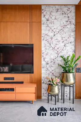 Modern living room with wood laminate TV wall, floral wallpaper accent, and grey marble floor tile