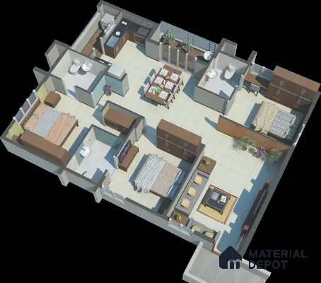 Modern 3BHK apartment layout with beige floor tiles, wooden laminate wardrobes, and modular kitchen of 3 BHK apartment in Shell Northgate Hennur Bengaluru
