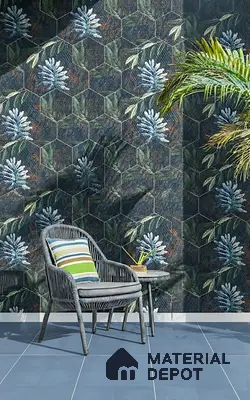 Eclectic balcony with tropical floral hexagonal wall tiles and blue floor tiles of 3 BHK apartment in Shell Northgate Hennur Bengaluru
