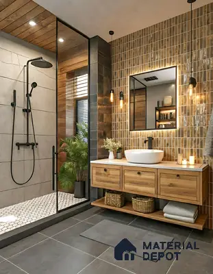 Modern bathroom with vertical brown kitkat wall tiles, wood vanity, and grey floor tiles of 3 BHK apartment in Shell Northgate Hennur Bengaluru