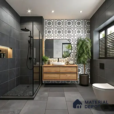 Modern bathroom with black stone wall tiles, floral patterned highlighter wall tile, and wooden vanity of 3 BHK apartment in Shell Northgate Hennur Bengaluru
