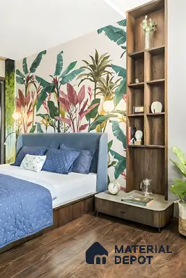 Eclectic bedroom with tropical wallpaper, blue upholstered bed, and walnut wood flooring of 3 BHK apartment in Shell Northgate Hennur Bengaluru