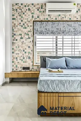 Modern bedroom with geometric patterned wallpaper, natural wood bed, and marble look floor tiles of 3 BHK apartment in Shell Northgate Hennur Bengaluru