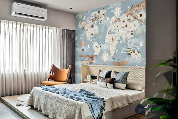 Scandinavian kids bedroom with world map wallpaper and natural wood flooring of 3 BHK apartment in Shell Northgate Hennur Bengaluru