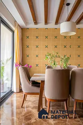 Modern dining room with floral patterned wall tiles and brown marble floor tiles of 3 BHK apartment in Shell Northgate Hennur Bengaluru