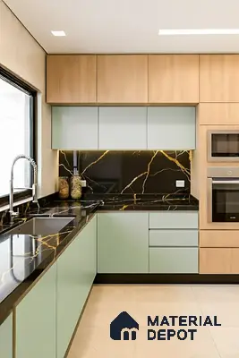 Modern kitchen with mint green laminate, light oak wood laminate, and black marble-look backsplash of 3 BHK apartment in Shell Northgate Hennur Bengaluru