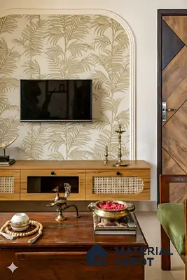 Mid-century modern living room with cane-front TV unit, oak wood laminate, and beige tropical wallpaper of 3 BHK apartment in Shell Northgate Hennur Bengaluru