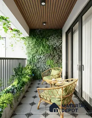 Scandinavian balcony with wooden ceiling, patterned floor tiles, and lush green vertical garden of 4 BHK apartment in Sobha Windsor Whitefield in Bengaluru