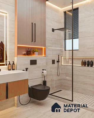 Modern bathroom with beige stone-look tiles, fluted wood vanity, and black fixtures of 4 BHK apartment in Sobha Windsor Whitefield in Bengaluru