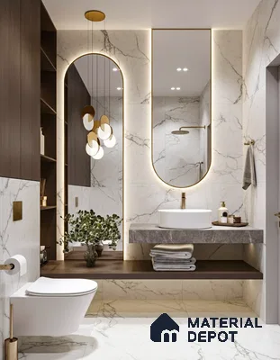 Modern bathroom with white marble look tiles, walnut brown laminate shelves, and grey stone vanity of 4 BHK apartment in Sobha Windsor Whitefield in Bengaluru
