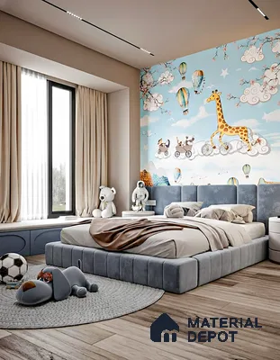 Modern kids room with animal-themed wallpaper, suede upholstered bed, and light oak wooden flooring of 4 BHK apartment in Sobha Windsor Whitefield in Bengaluru