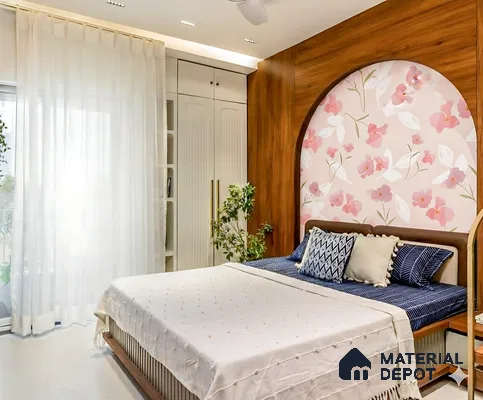 Modern bedroom with floral wallpaper accent, walnut wood laminate panel, and white wardrobe of 4 BHK apartment in Sobha Windsor Whitefield in Bengaluru