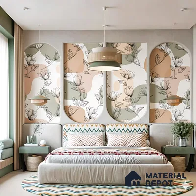 Scandinavian bedroom with pastel floral wallpaper and sage green accents of 4 BHK apartment in Sobha Windsor Whitefield in Bengaluru